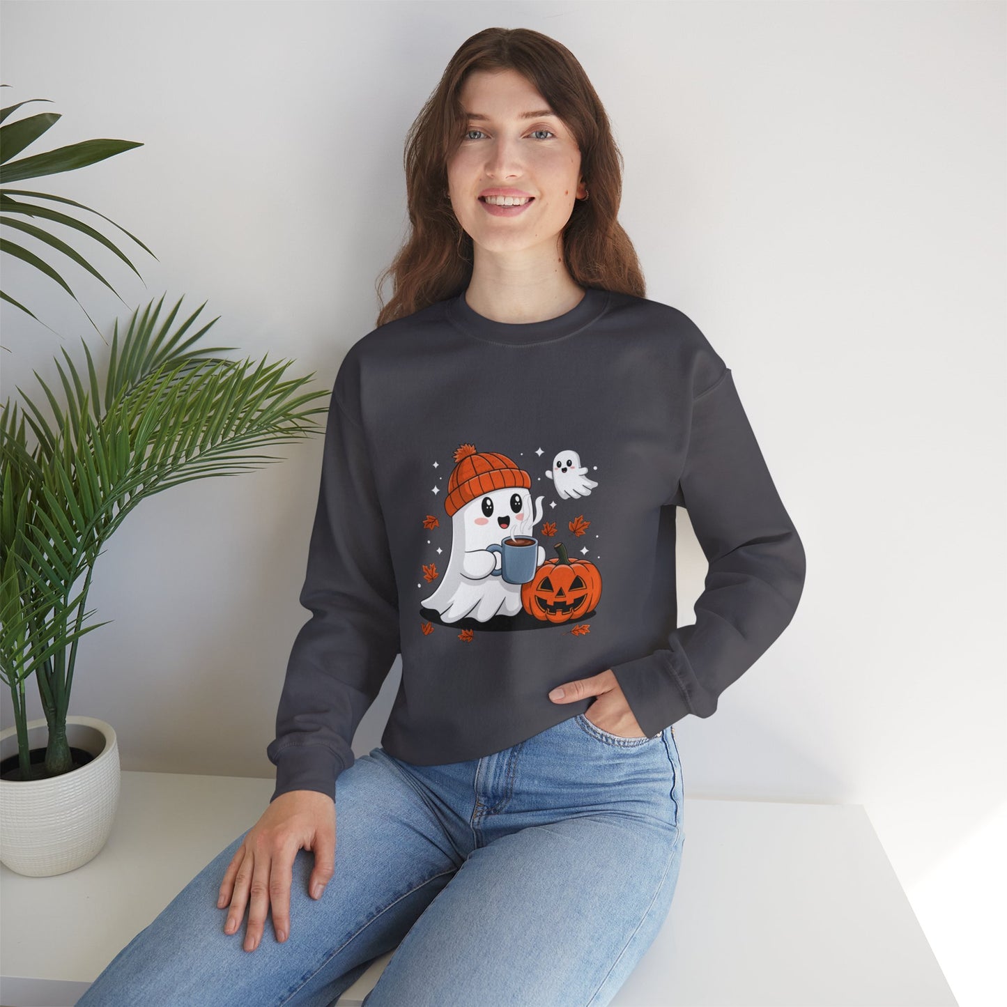 Cute Ghost Drinking Coffee Halloween Ghost Ice Coffee Sweatshirts